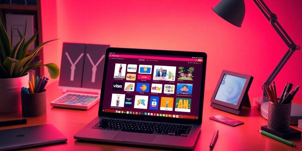 Workspace with laptop and digital products for sale.