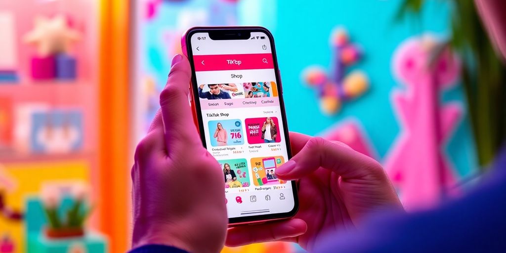 Person using TikTok Shop on smartphone with colorful background.