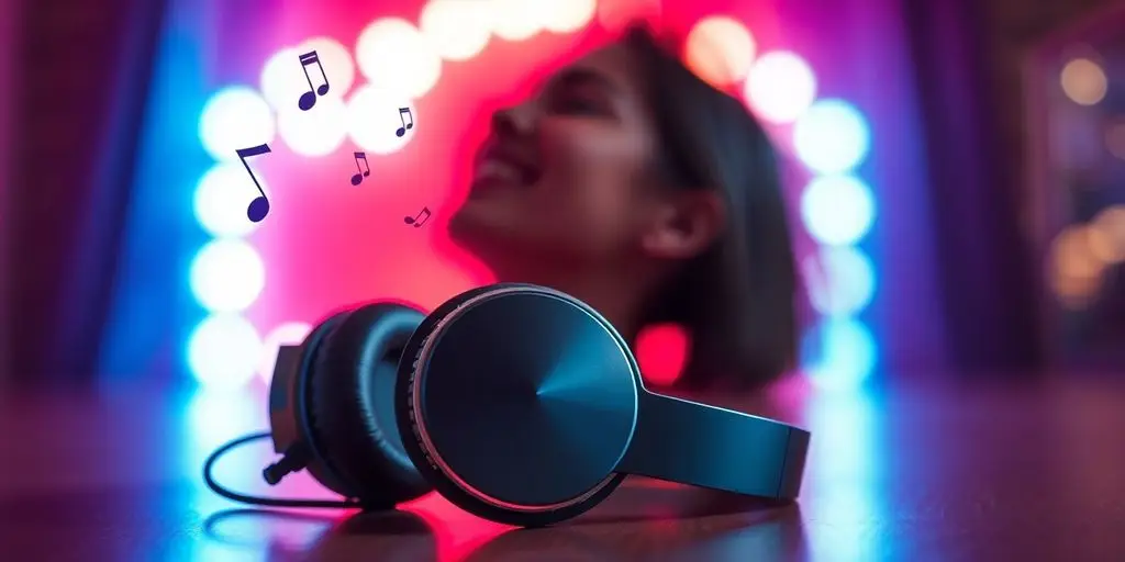 Wireless headphones, music notes, happy person, bright background