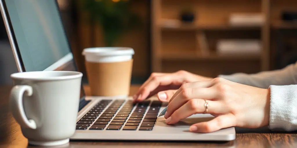 Blogger typing on laptop, content marketing.